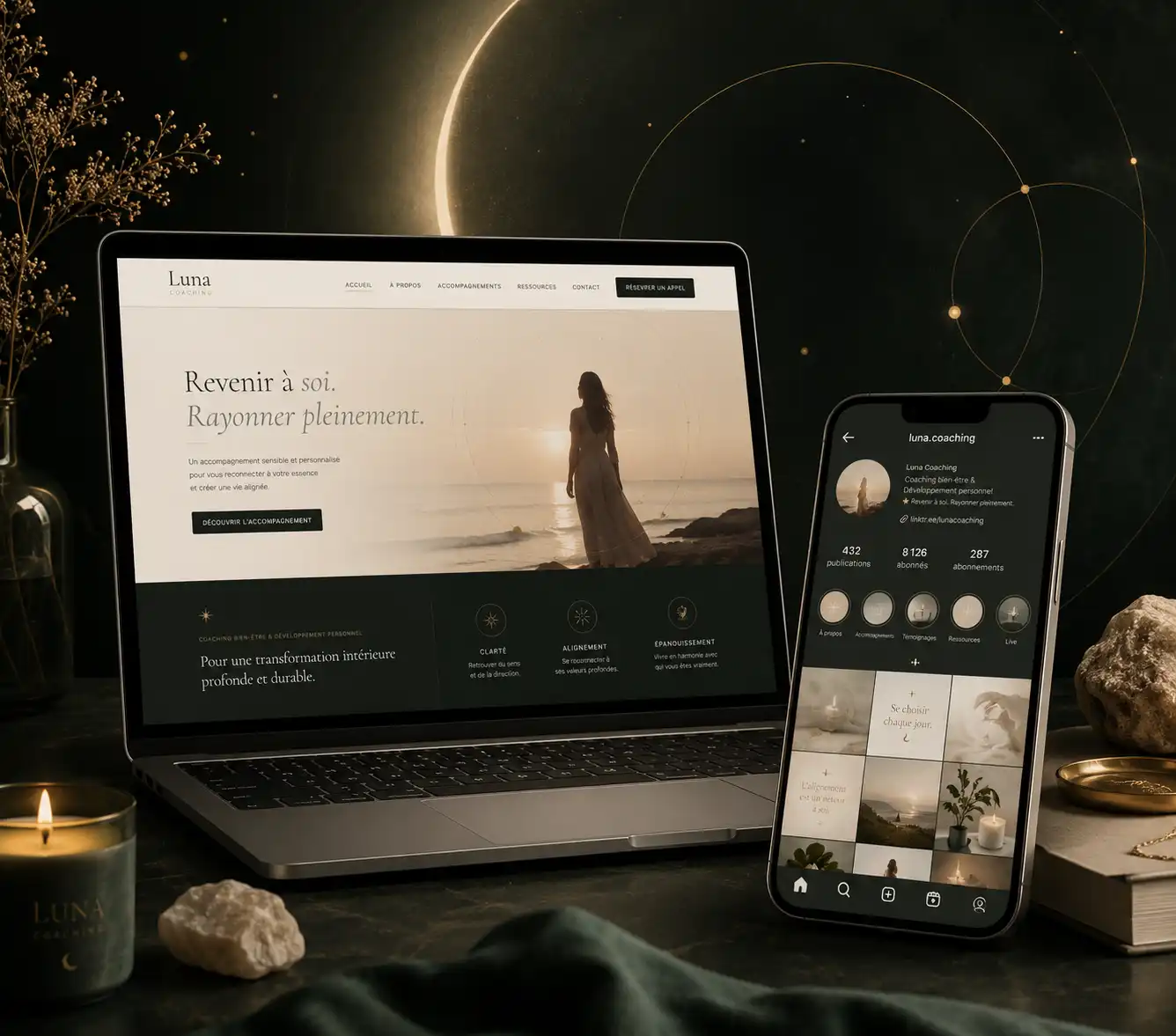 Étude de cas Luna Coaching, mockup digital premium sur ordinateur et mobile