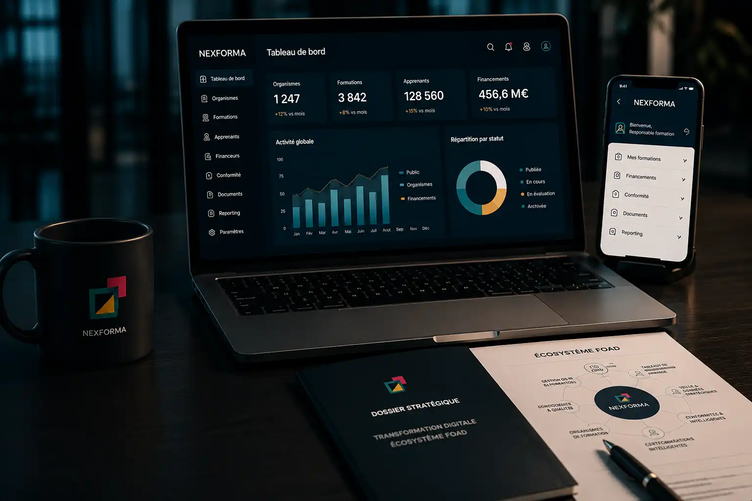 Étude de cas NEXFORMA, bureau premium avec laptop, smartphone et documents stratégiques