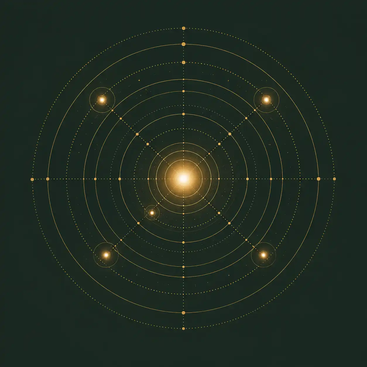 Univers en construction représenté par une architecture orbitale dorée