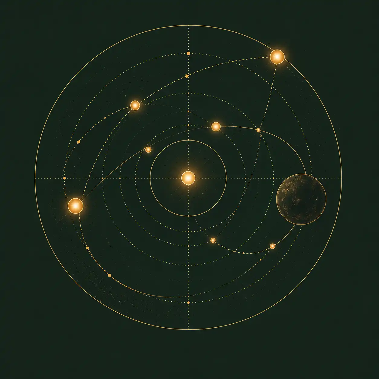 Univers en transformation représenté par une constellation orbitale dorée